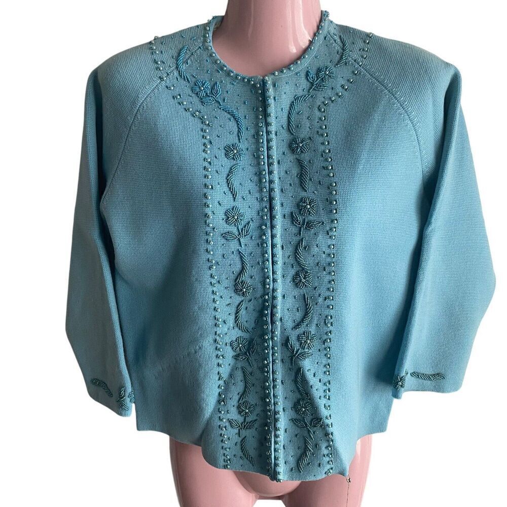 Vintage 1960's Sweater Jacket Women's 14 Wool Turquoise Beaded New Old Stock